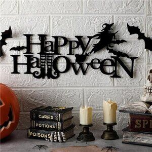 Halloween Decorations Happy Halloween Metal Sign Gothic Wall Decor with Bats